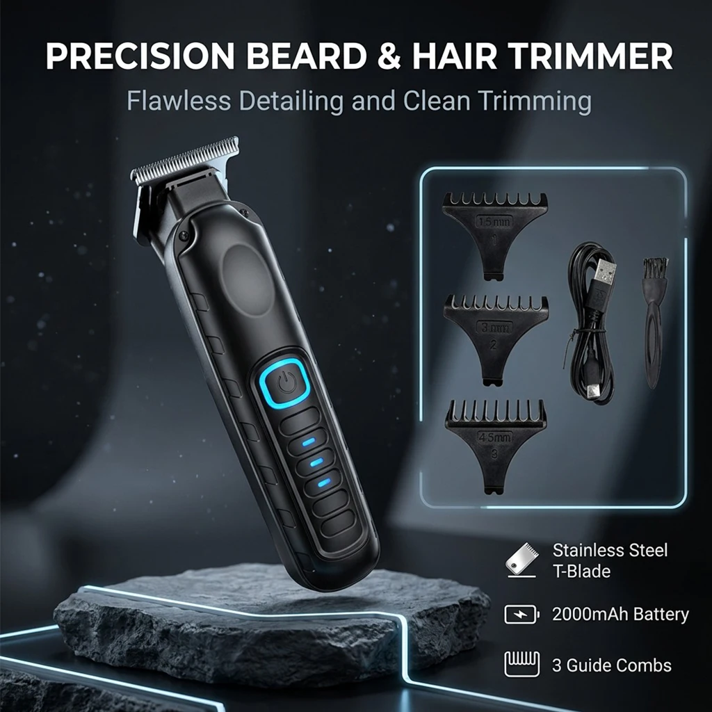 Professional Electric Hair Clipper USB Rechargeable, Cordless Men's Hair Trimmer with T-Blade, Precision Beard & Mustache Shaver for Home Use，holiday gift
