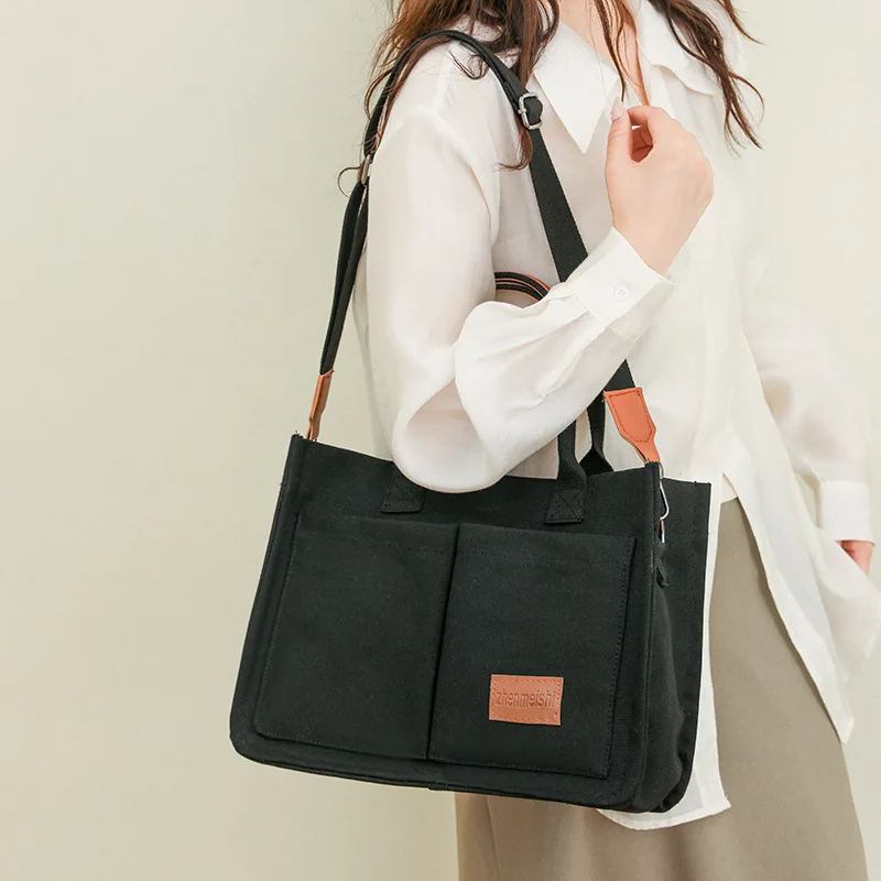 Original Canvas Carrying Briefcase Women\'s Business Commuting Bag Single Shoulder Crossbody Tote Bag Solid Color Student Bag