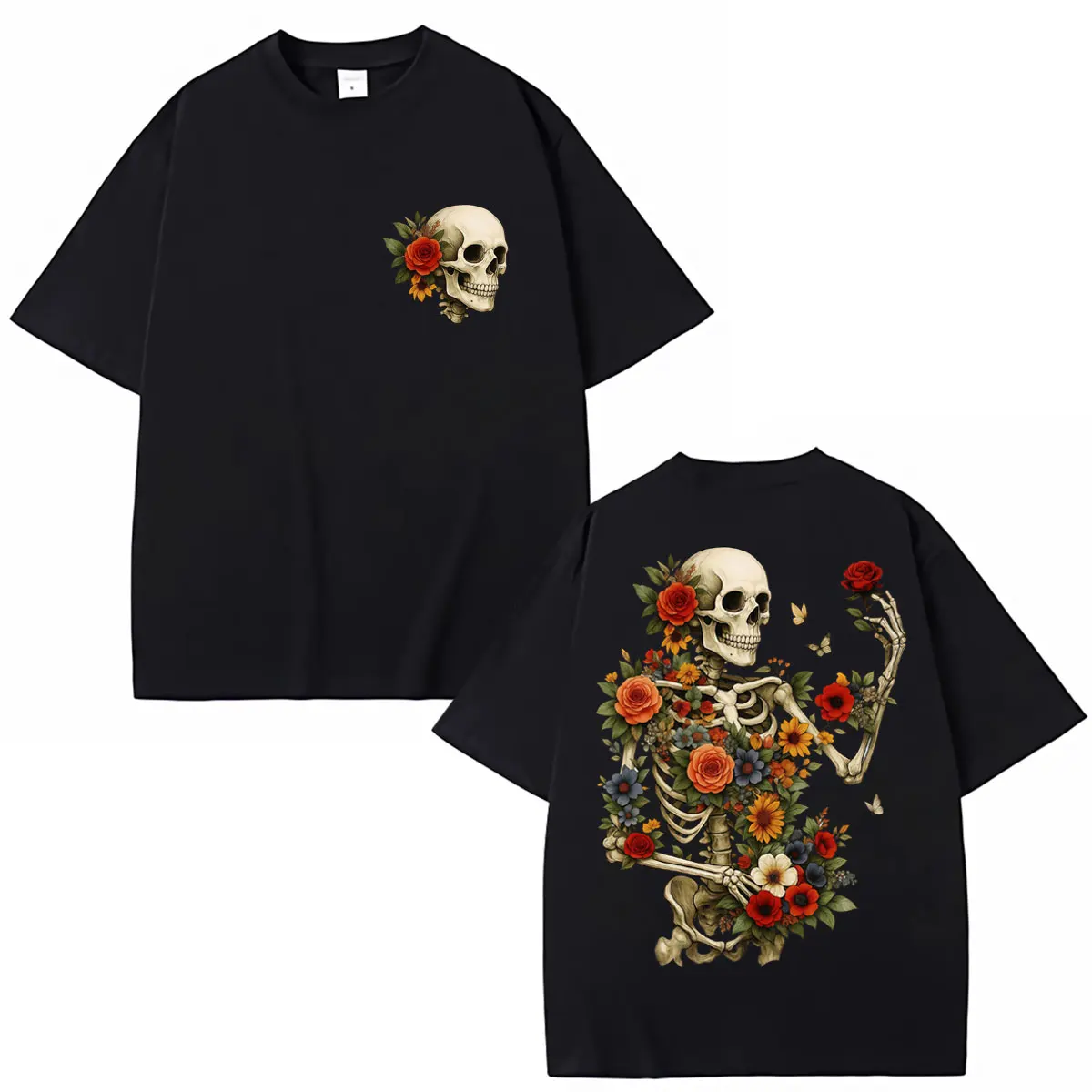 Funny Dark Botanical Skeleton Graphic T Shirt Men Women Fashion Vintage T-shirts Oversized Cotton Casual Tee Shirts Streetwear