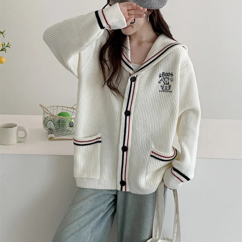 Cartoon Letter Embroidery Knitted Open Cardigan Casual Navy Collar Women's Sweater Autumn Winter New Sle Simple Leisure Swe...