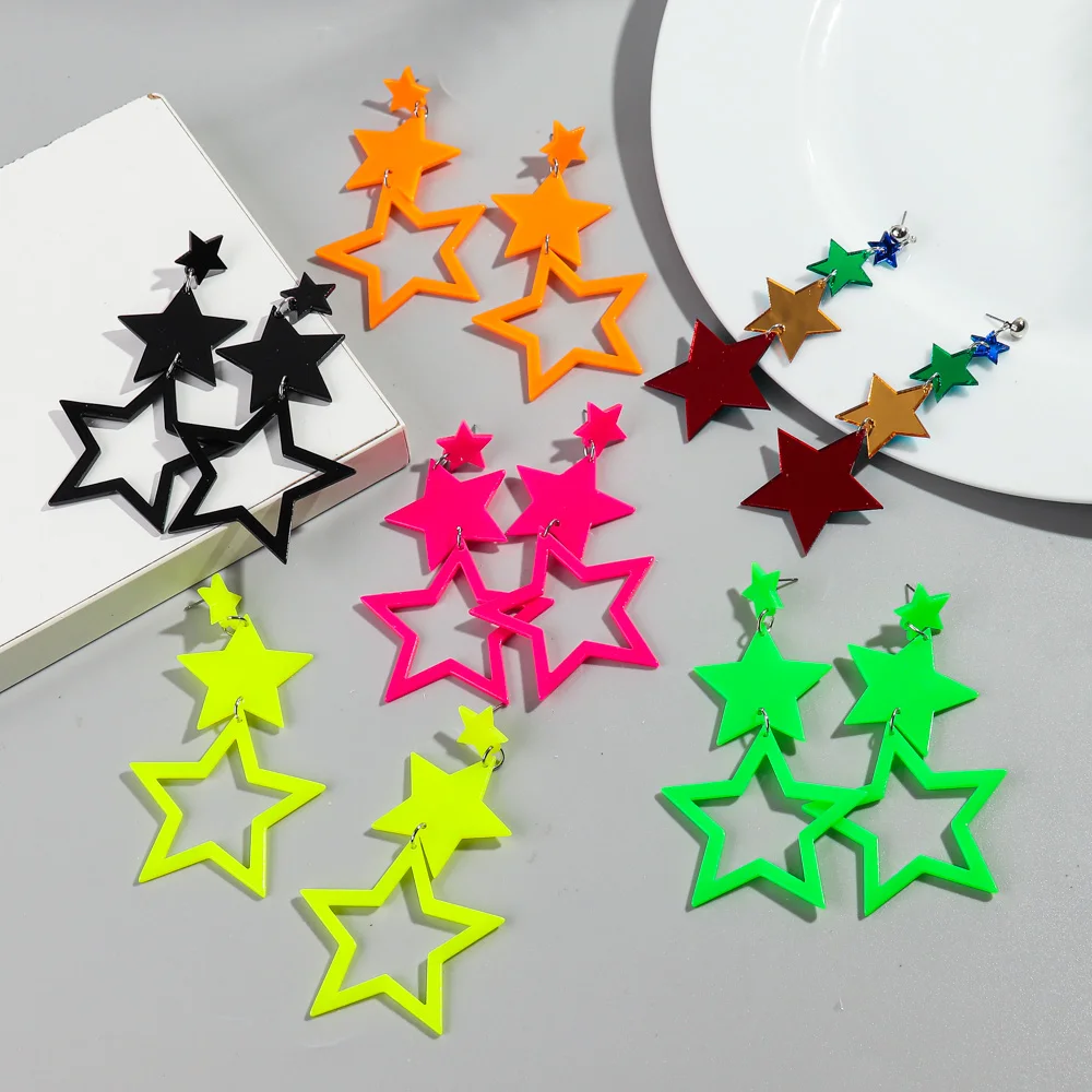 Punk Neon Color Star Acrylic Dangle Earrings For Women Hollow Geometric Pentagram Long Drop Earrings Fashion Jewelry Gifts