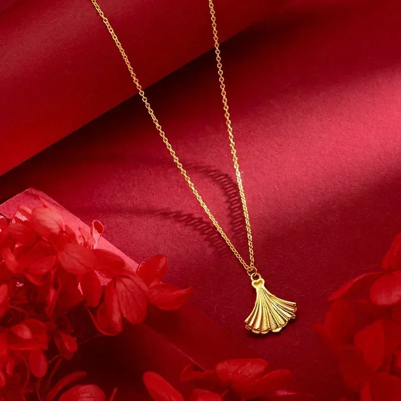 New 24K Yellow Gold Small Skirt Pendant Collarbone Necklace,  Real Gold Necklace for Women Fashion Wedding Party Charm Jewelry
