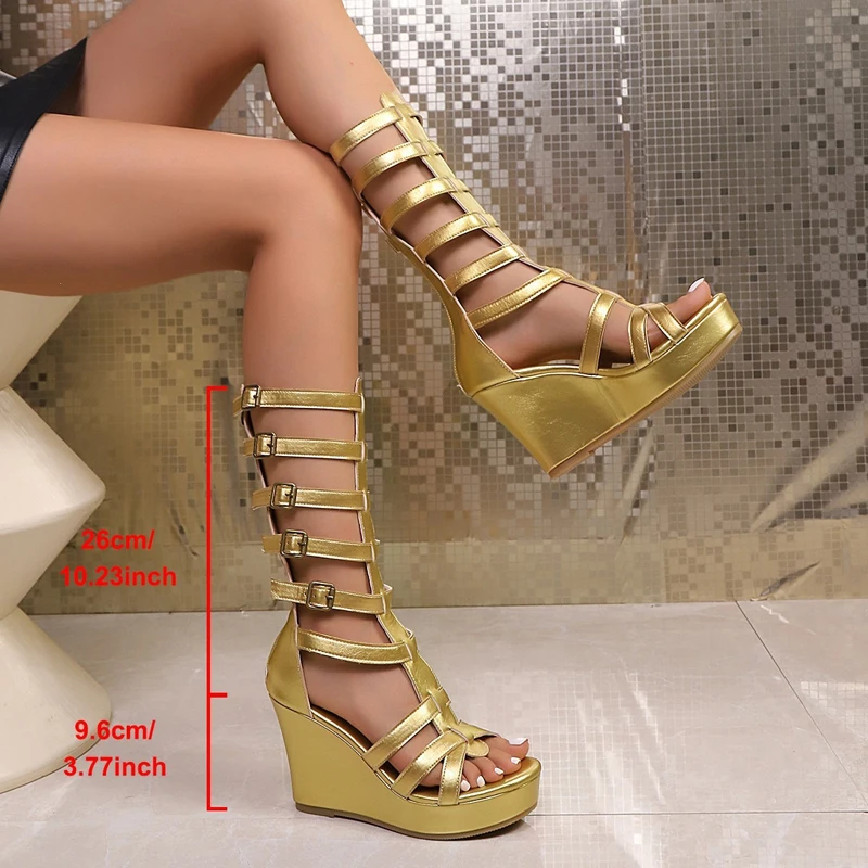 Sexy Gold Straps Buckle Wedge High Heel Platform Sandals Boots Peep Toe Brown Cutout Woman Middle Summer Boots