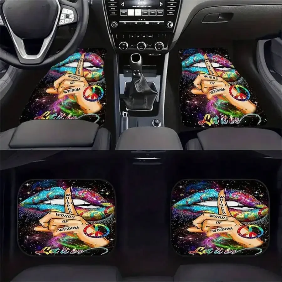 4 Peace-Themed Car Floor Mat Set, Cosmic Starry Sky Background, Non-Slip And Wear-Resistant Crystal Velvet Material,