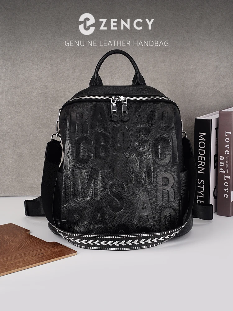 Zency Soft Genuine Leather Women Backpack Stylish Embossing Letter Travel Rucksack Single Shoulder Bag Mochila College Bags