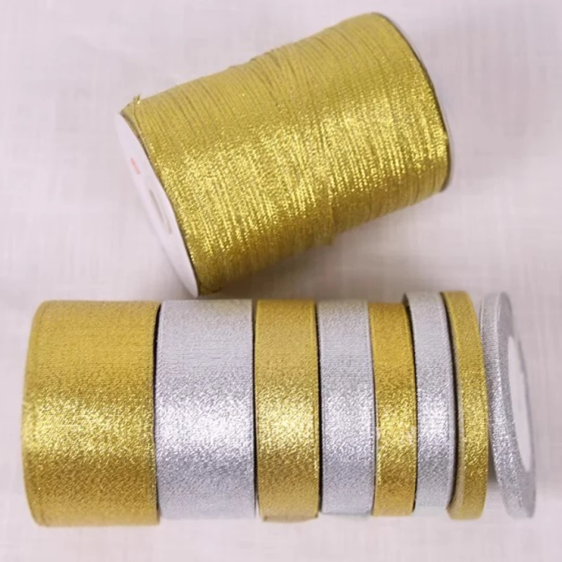 6mm~50mm Gold Silver Metallic Glitter Ribbons for Apparel DIY Bow Accessories Crafts Sewing Fabric Gift Wrap Holiday Decorations