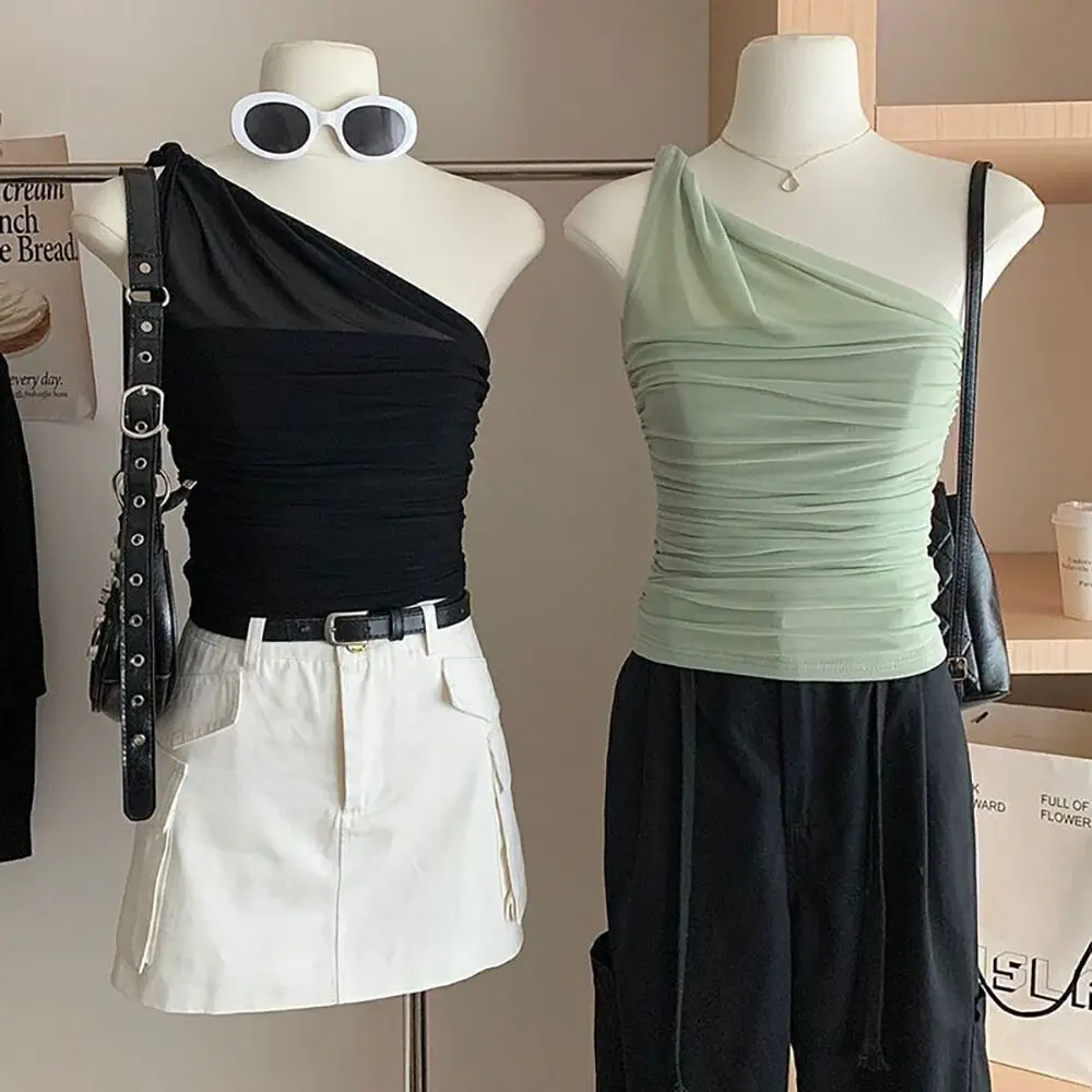 Neckless Solid Color Tank Top Backless Shrink Crop Cami Tops Tight Sloping Shoulder T-Shirt Women