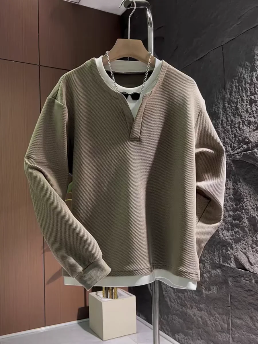 

Мужской свободный свитшот с длинными рукавами и круглым вырезом, с лоскутным дизайном, простой, высококачественный, однотонный, повседневный топ для осени и зимы