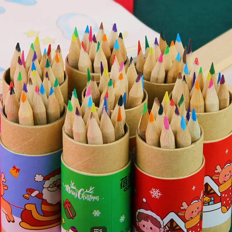 4 pak Set pensil warna kartrid Kartun Natal 12 pensil warna pensil gambar Sekolah Dasar hadiah perlengkapan Natal