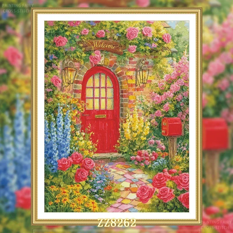 Stamped Cross Stitch Kit 11CT 14CT 16CT 18CT Printed Canvas Cotton Threads DIY Embroidery Wall Decor[ZZ8262-Chunri Garden Gate]