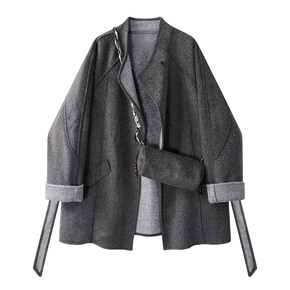 

Women’s Loose Woolen Coat Winter Thick Warm Open Front Jacket with Turn-Up Sleeves, Casual Oversized Outerwear for Fall Winter