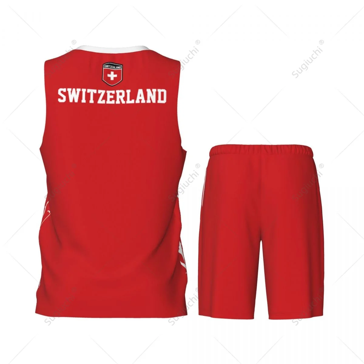 Team-Up Zwitserland Vlag Graan Heren Basketbal Jersey Set Shirt & Broek Mouwloos Aangepaste Naam Nunber Exclusief