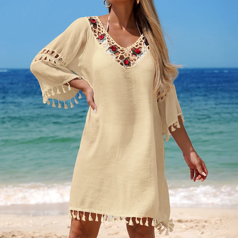 ชุดคลุมบิกินี่แบบโปร่งใสลายปะติดปะต่อแบบแฮนด์เมด ตกแต่งด้วยลายดอกไม้ แฟชั่นลำลอง สไตล์หลวมๆ ชุดว่ายน้ำสำหรับผู้หญิง