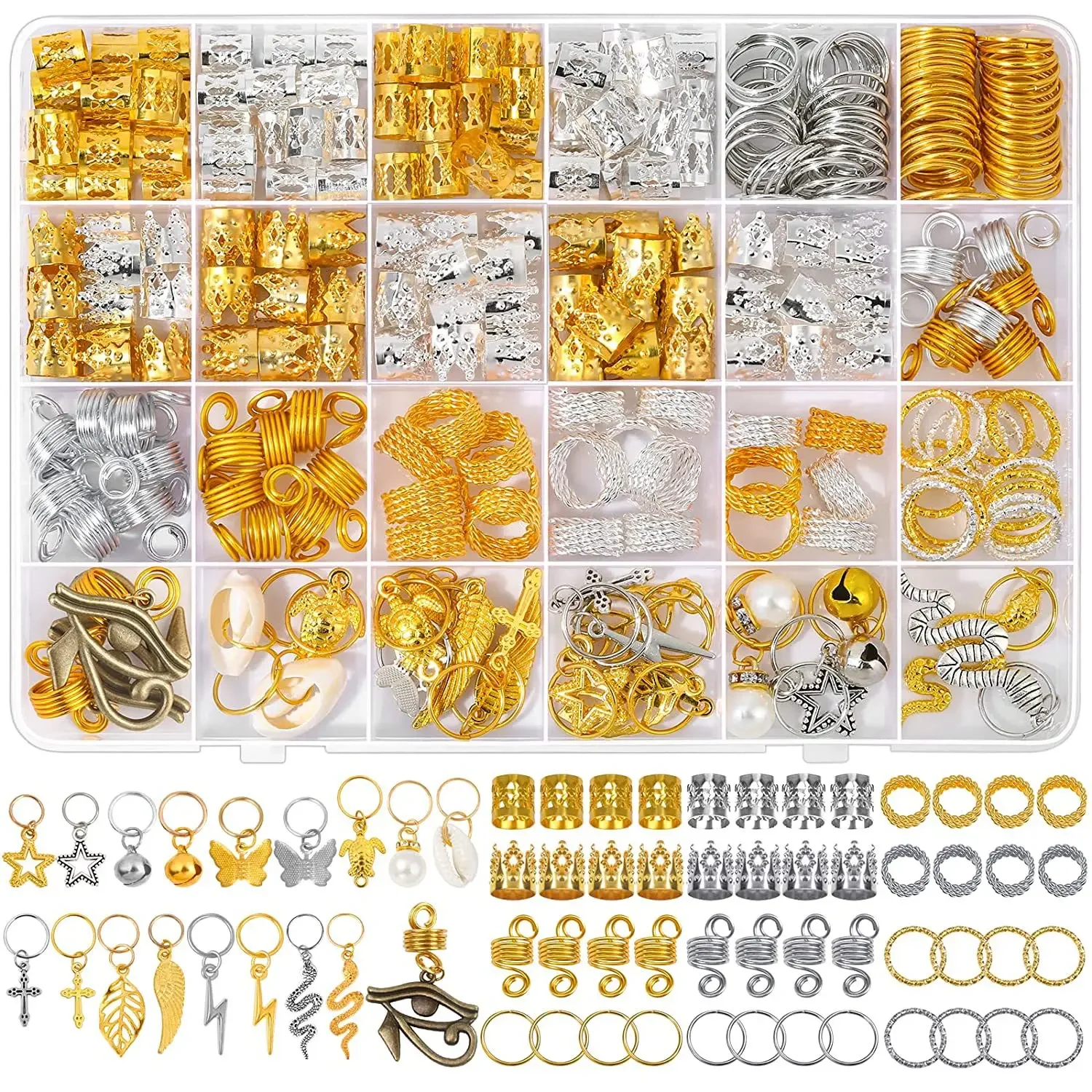 

294Pcs Golden Color Crown Hair Rings Sets Hollow Out Dreadlocks Beads for Hair Accessories and Hair Jewelry