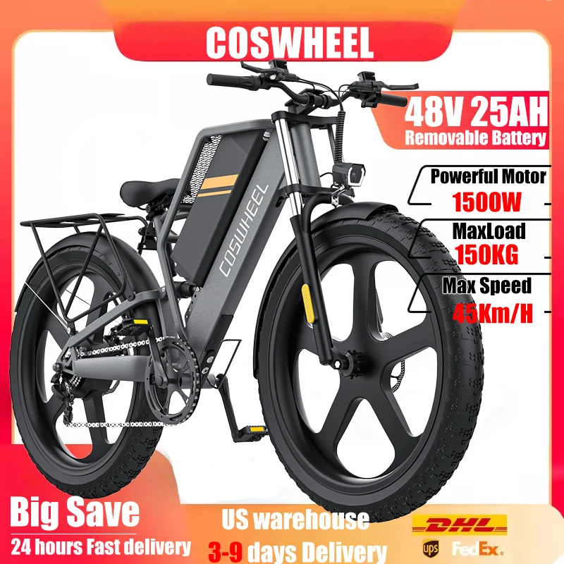 

Электровелосипед COSWHEEL T26, 1500 Вт (пиковая мощность), 45 км/ч, 48В 25Ач, мотоциклетный тип, 26"x4" широкие шины, 7-скоростной, с двойной подвеской, гарантия 1 год