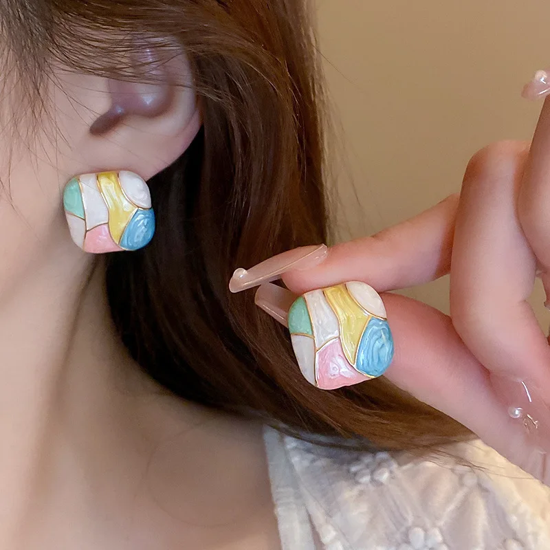 New Fashion Square Contrast Color Stud Earrings Female Sweet Patchwork Colorful Ear Jewelry Romantic Christmas Girl Gift