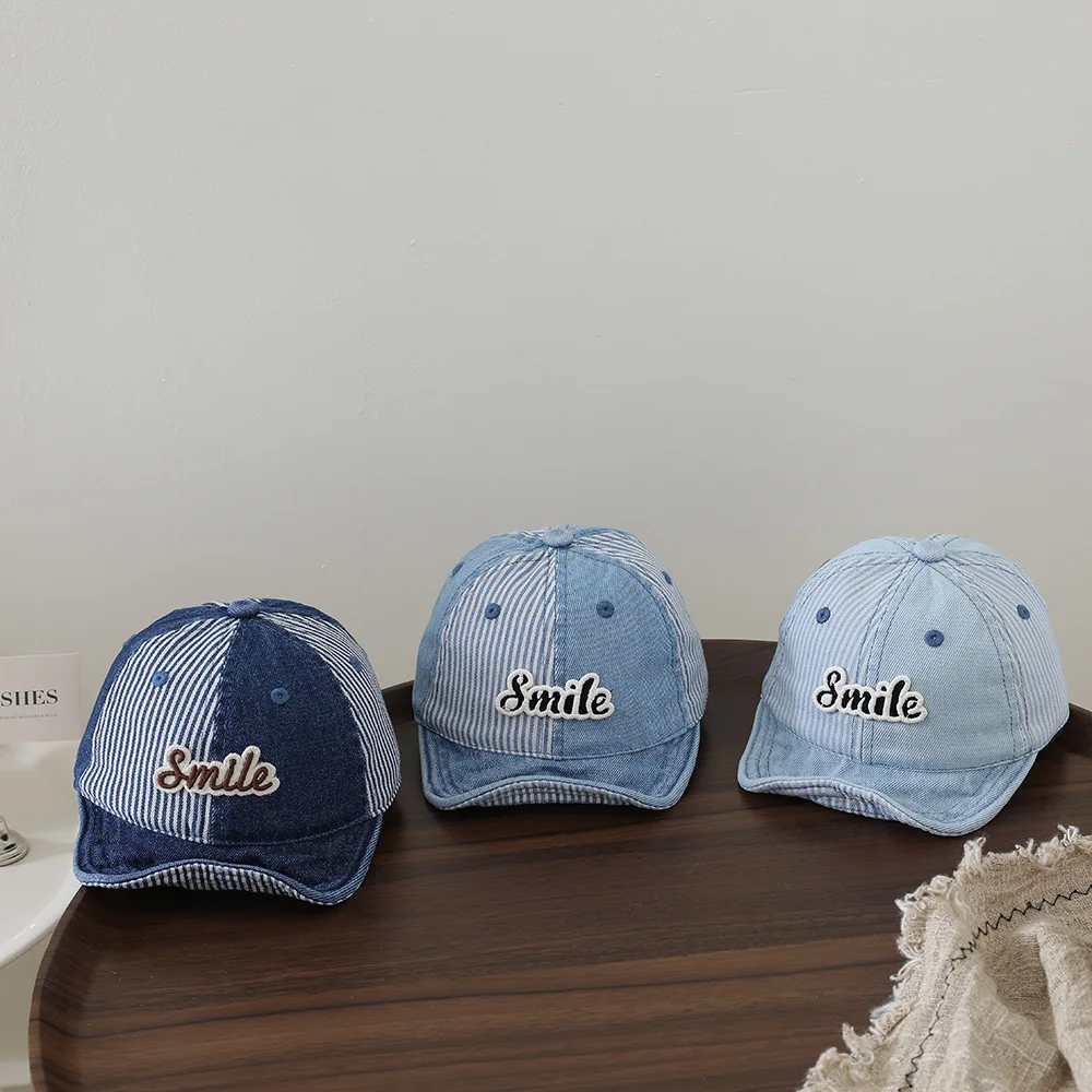 Patchwork Stripes Washed Denim Baby Beanie with Letter Patch Soft Brim Baseball Cap for Outdoor Versatile Casual Wear