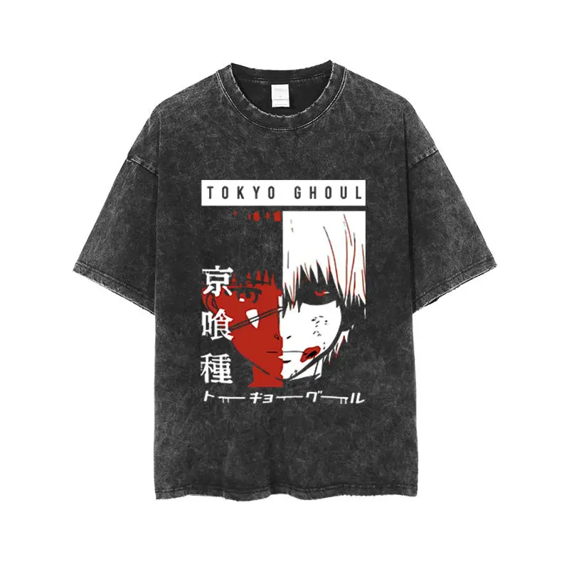 

Футболка оверсайз Tokyo Ghoul Ken Kaneki с двойным принтом (красный и белый), эффект кислотной стирки, черная, летняя, уличная мода, аниме-графика, 2026