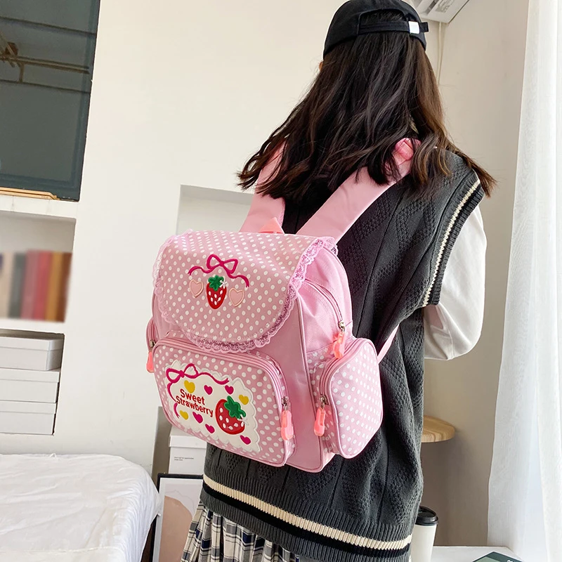 Cute Strawberry Backpack Pink Girl Embroidery Strawberry Children Schoolbag Student Mini Packsack Multi-Pocket Cartoon Book Bags