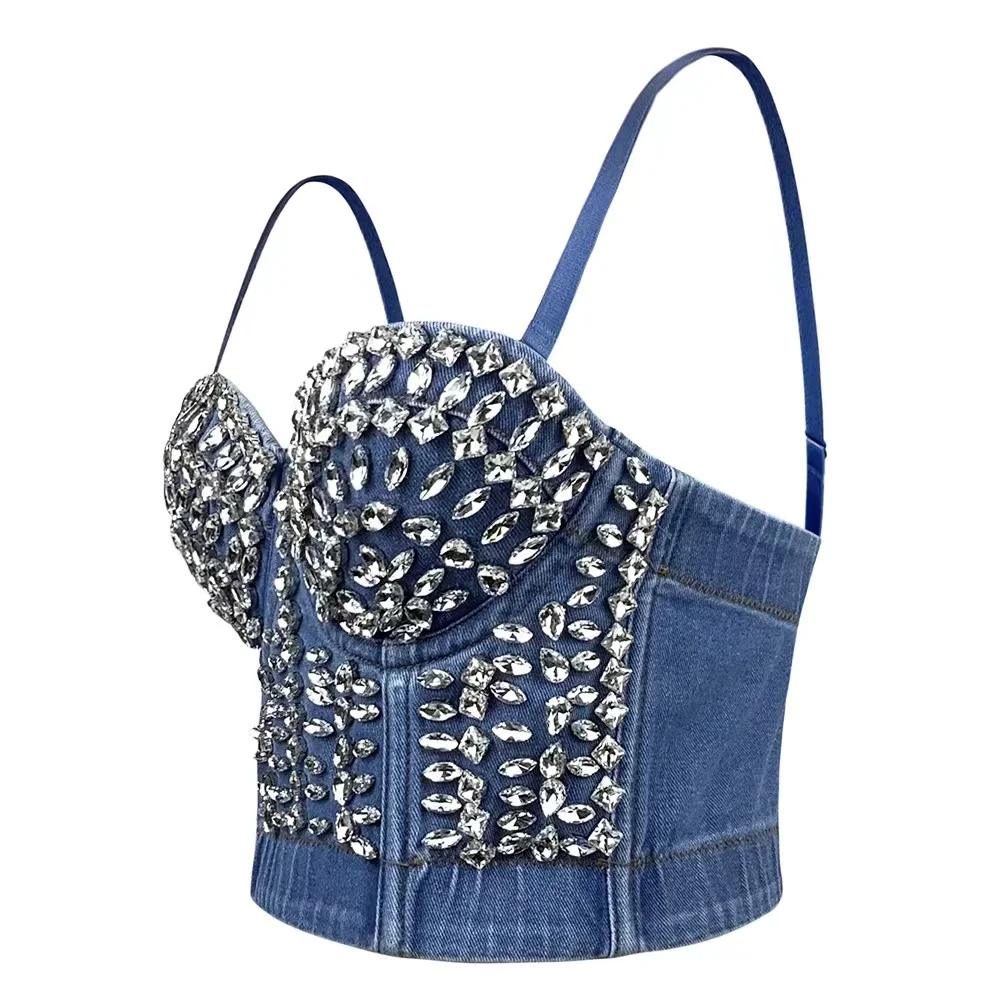 Summer Fashion Crystal Women Sexy Denim Crop Top Spaghatti Strap  Inside Camisole Corset Shiny Clubwear Tank Tops Streetwea