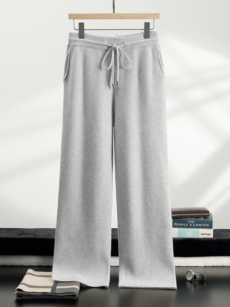 

Men's New 100% Pure Cashmere Wide Leg Pants Autumn Winter High Waisted Loose Knitted straight Ankle-Length Trousers Smart Casual