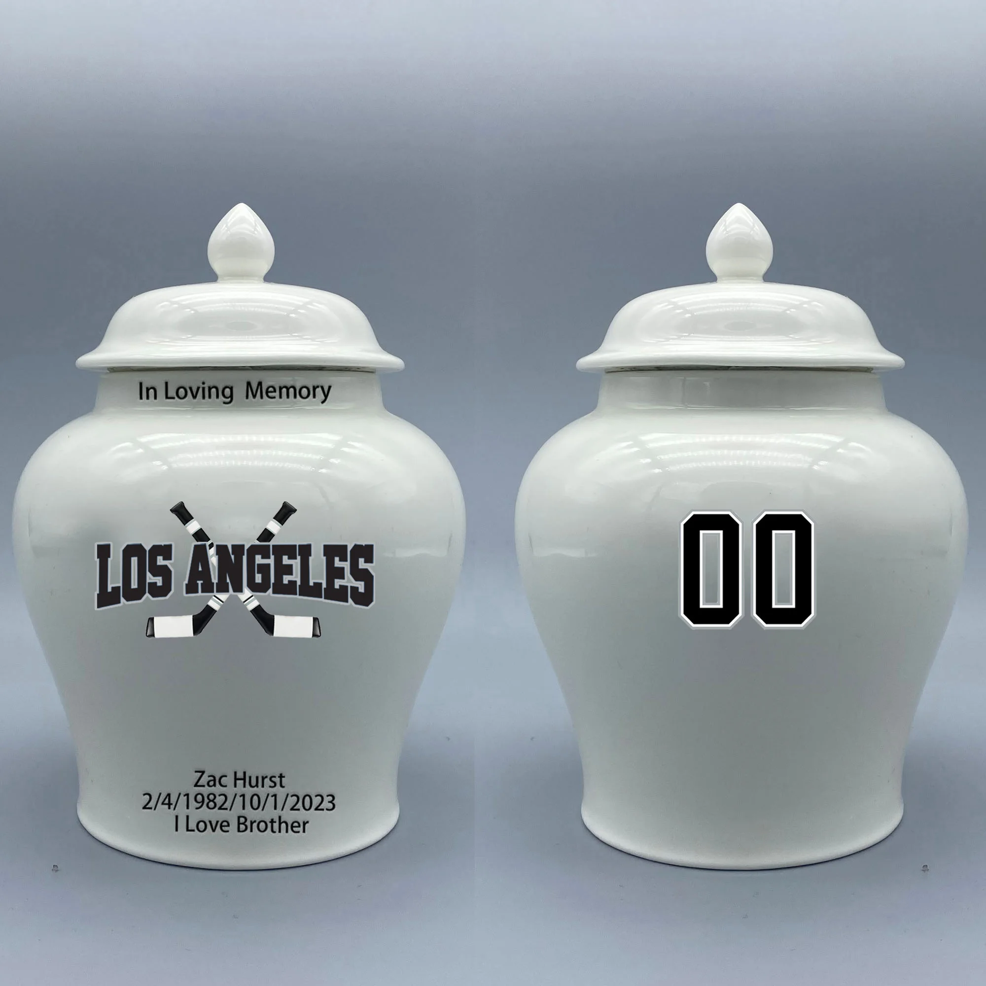 

Medium Urn for Los Angeles Kings-themed Hockey Urn.Please send me the customize information-name/date and number on the urn