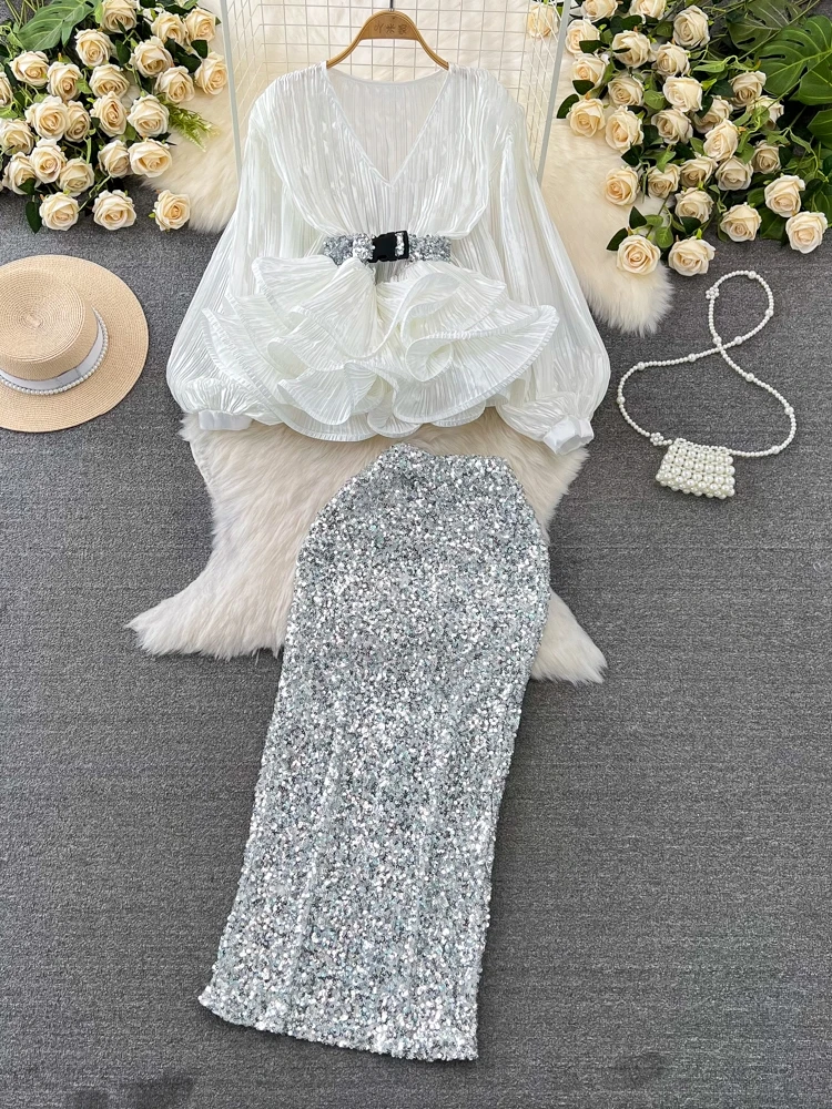 

Fashionable Long Sleeve V-Neck Lantern Sleeve Shirt And High Waist Sequin Skirt Set for Women Spring Commute Style Casua...