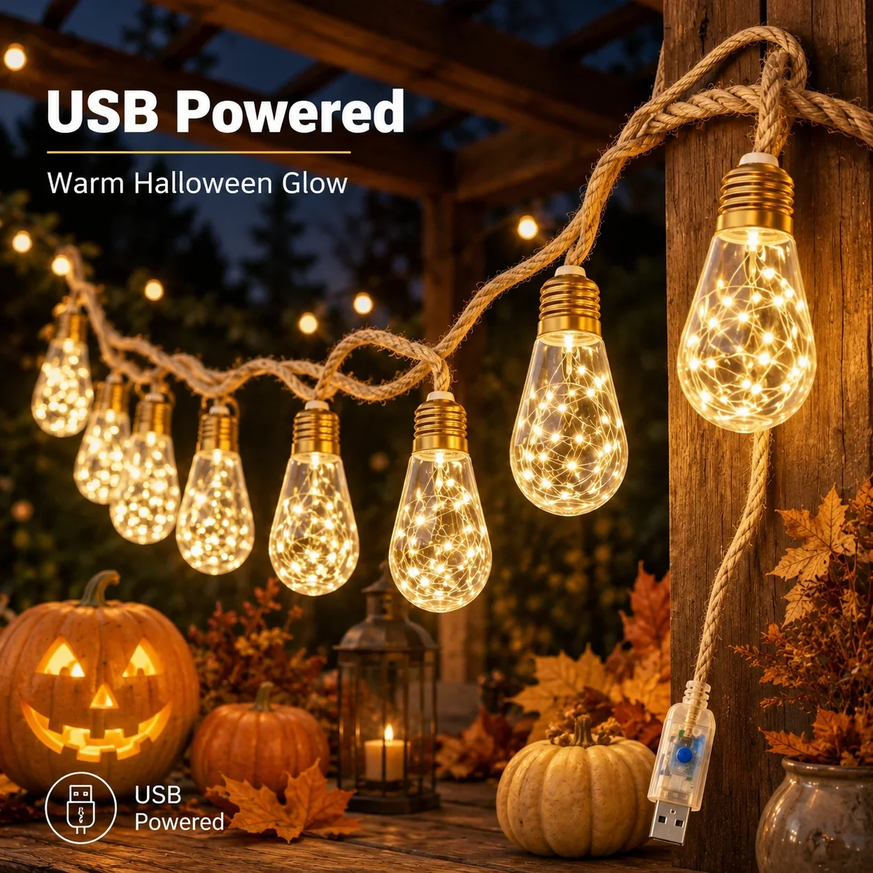 USB String Lights Hemp Rope Edison Bulb Lights 8/16/24LED Warm White 8 Modes for Bedroom Patio Garden Party Christmas Decor