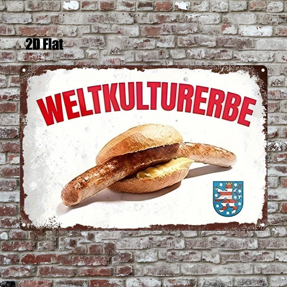 2D Flat-1pc Metal Sign German Sausage And Bread Combination Classic Wall Art, Durable Metal Decoration for Home, Kitchen, Bar