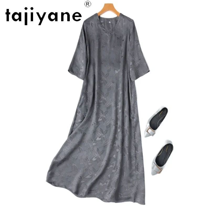 

TAJIYANE 100% Mulberry Silk Long Dresses for Woman Elegant Summer Grey Dress Vacation Frocks Loose Women Clothing 2025 платье
