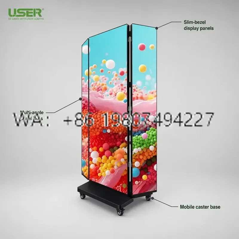 Indoor GOB LED Tri-Fold Double-Sided Foldable Poster Screen P1.25-P2.5 Digital Advertising Display 600CD Brightness 1-Year