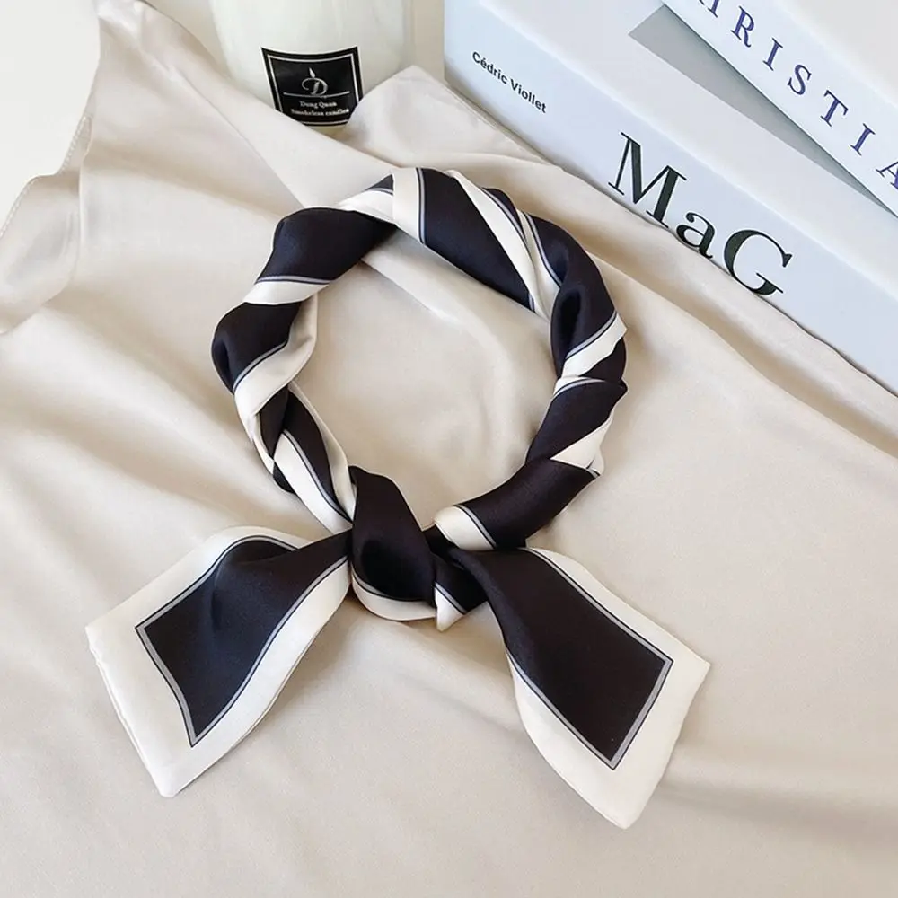 Simple French Wraps Ribbon Headband Stripe Female Shawl Printing Silk Scarf Printed Scarf Small Long Scarf Korean Style Scarves