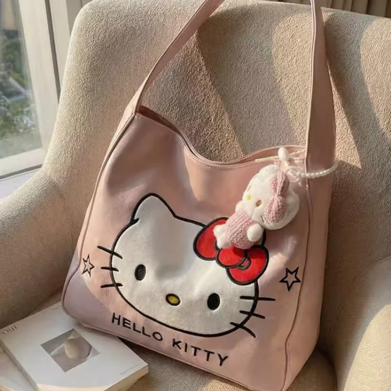 

Модная сумка Sanrio с вышивкой, студенческая сумка с милым мультяшным рисунком Hello Kitty, повседневная универсальная сумка большой вместимости