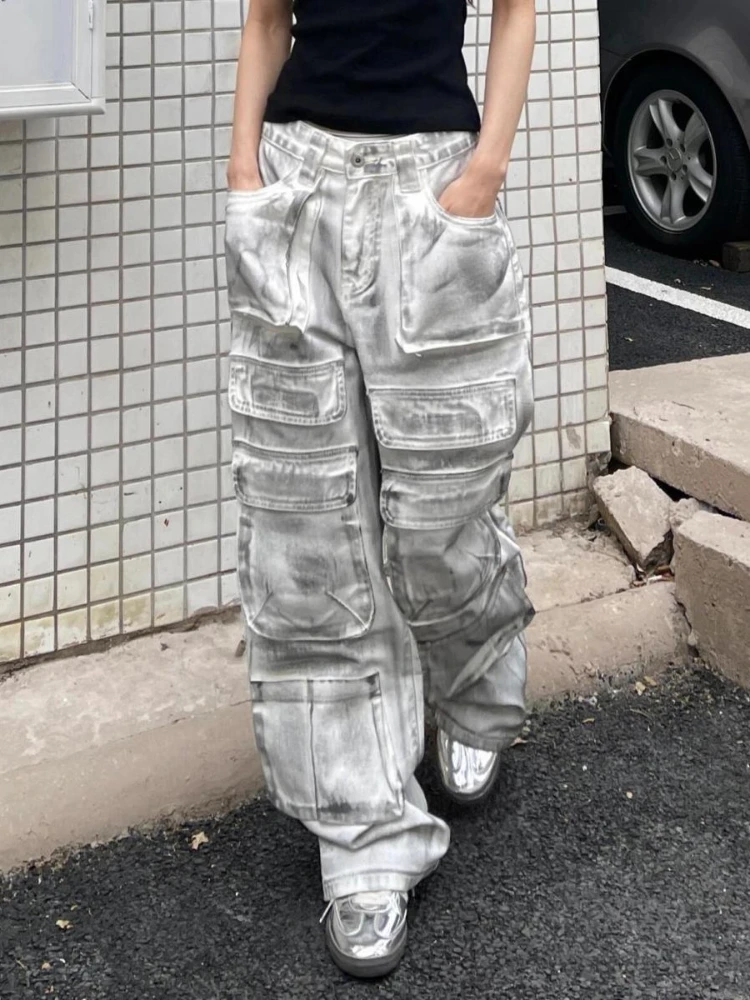 ADAgirl Oversize Wide Leg Cargo Jeans Women Y2k Vintage High Waist Pockets Do Old Straight Denim Pants Hip Hop Casual Trousers