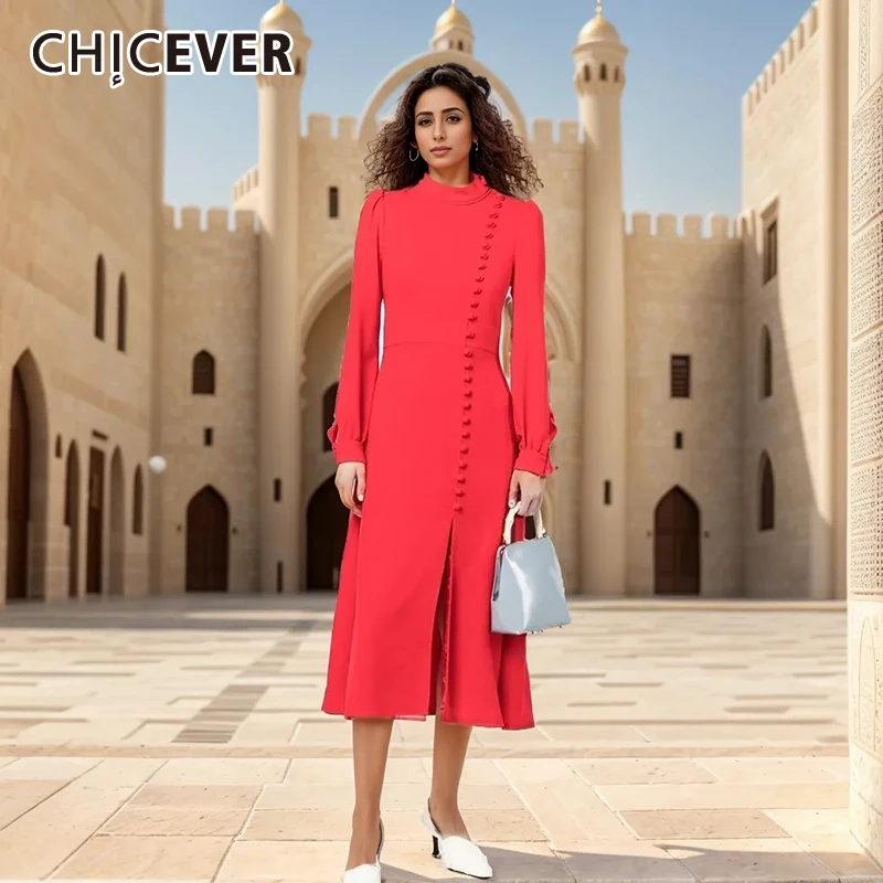 

CHICEVER Solid Formal Dresses For Women Stand Collar Lantern Sleeve High Waist Patchwork Appliques Slim Split Dress Female New