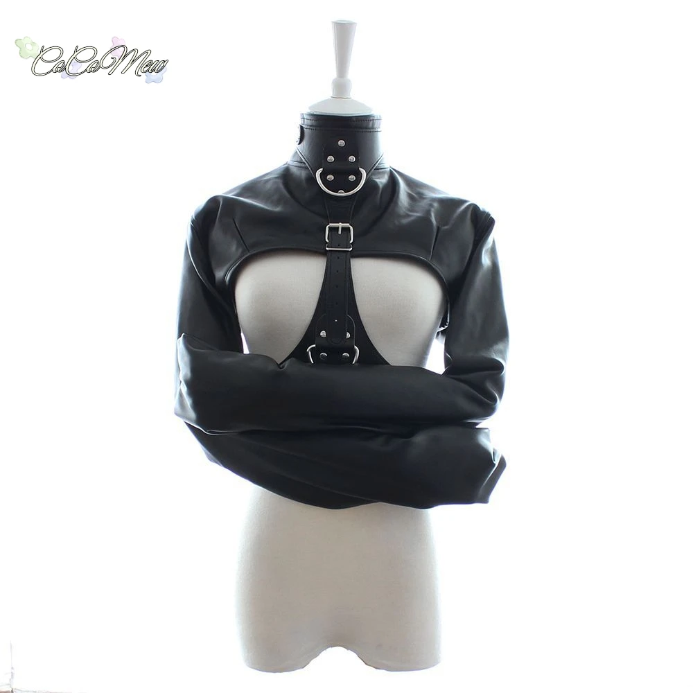 Women Black Red Sexy Open Breast Cupless Leather Bondage Strait Jacket Top Women\'s Restraint Straight Jacket Halloween Costume