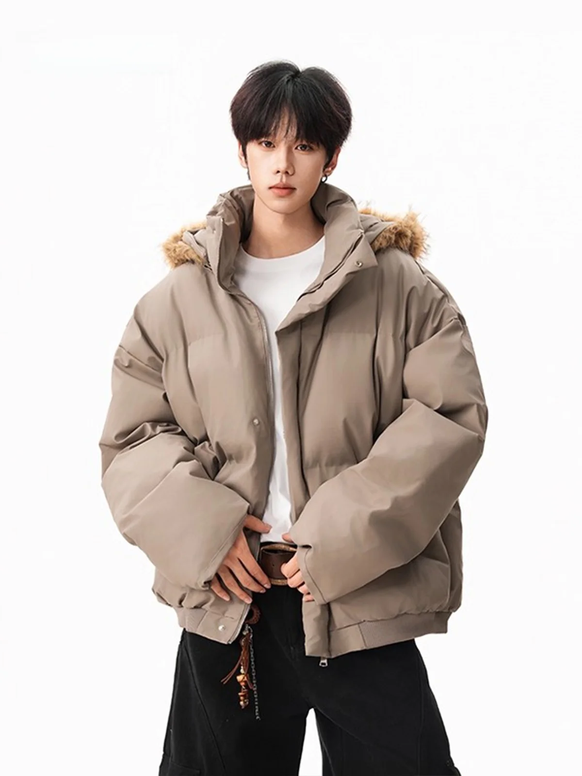 

Retro American Detachable Fur Collar Cotton Jaet PU Leather Warmth for Men And Women Winter Faionable Versatile Youth ...