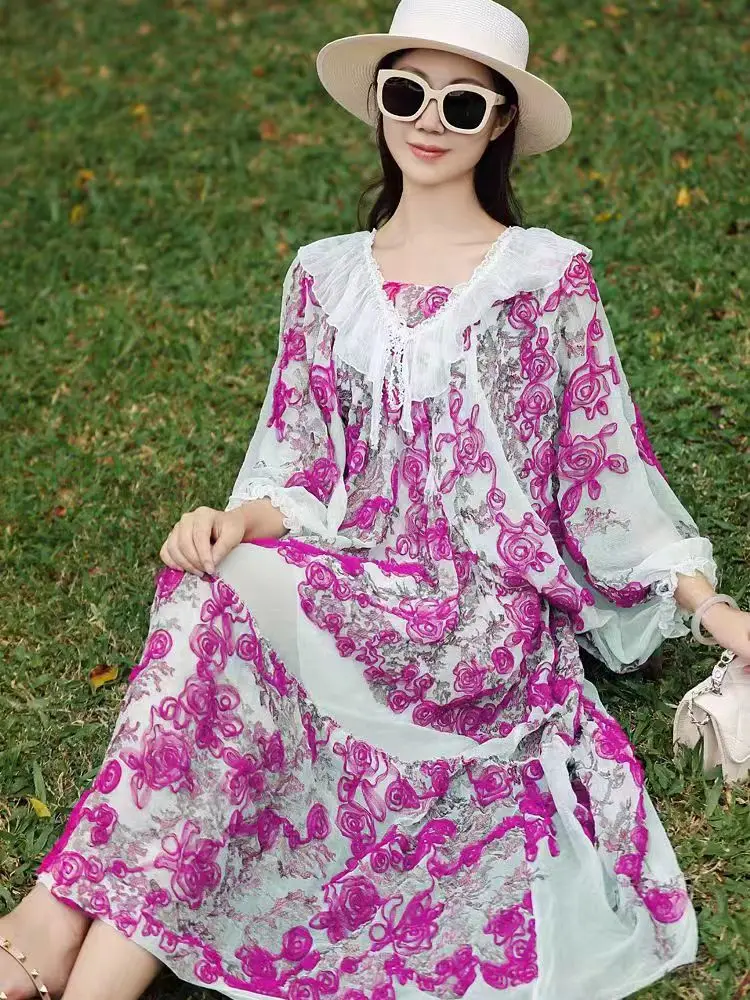 High End Spring And Summer New Doll Neck Silk Exquisite Embroidered Lantern Sleeve Fairy Style Fashion Loose Dress One Size