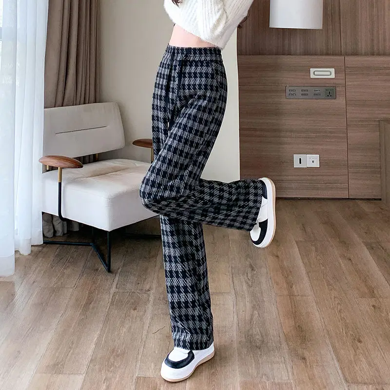 Simplicity Vintage Autumn New Pants Women Plaid Drawstring Elastic High Waist Fashion Straight Casual Loose Wide Leg Trousers