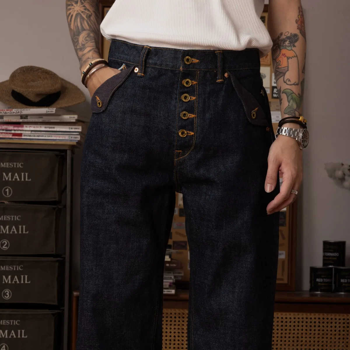 Red Tornado 18oz Flap Pocket Exposed 5-Button Fly Jeans Men Vintage Wide Leg Straight Heavy Selvedge Denim Pants