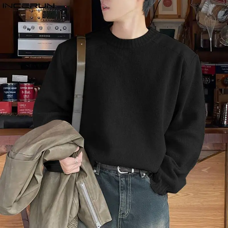 

INCERUN Tops 2024 Korean Style New Men's Fashionable O-neck Shoulder Patchwork Design Pullover Casual Long Sleeved Sweater S-5XL