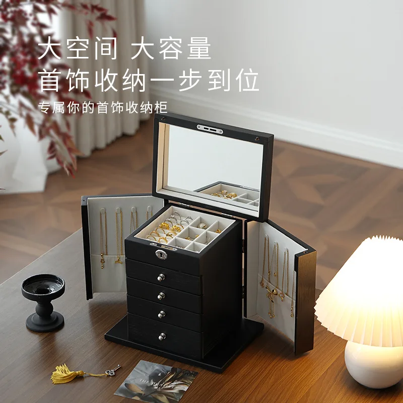 صندوق تخزين المجوهرات، سعة كبيرة، درج متعدد الطبقات، قلادة ذهبية عالية الجودة، صندوق مجوهرات من الخشب الصلب