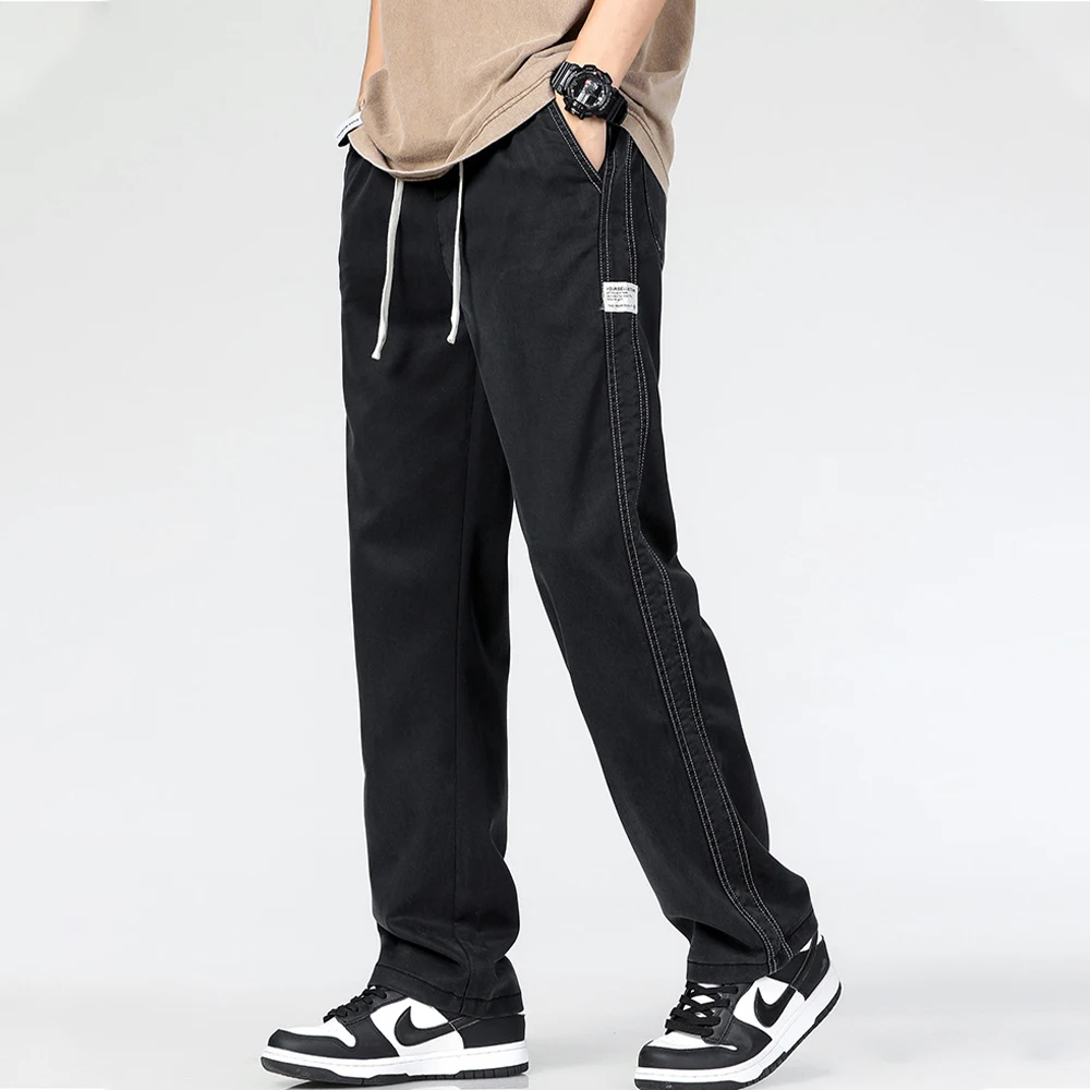 New Summer Thin Soft Lyocell Fabric Jeans Men Loose Straight Wide Leg Pants Drawstring Elastic Waist Casual Trousers for Men