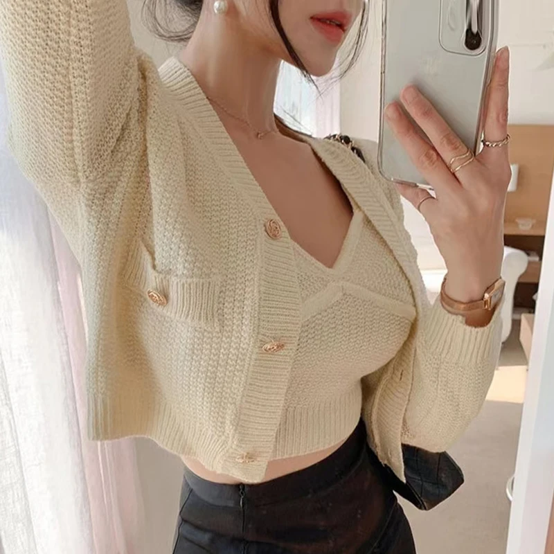 Knitted 2 Piece Sets Clothes V Neck Camisole Top + Cropped Black Cardigans Knit Jacket Korean Women Sweaters 2024 Slim