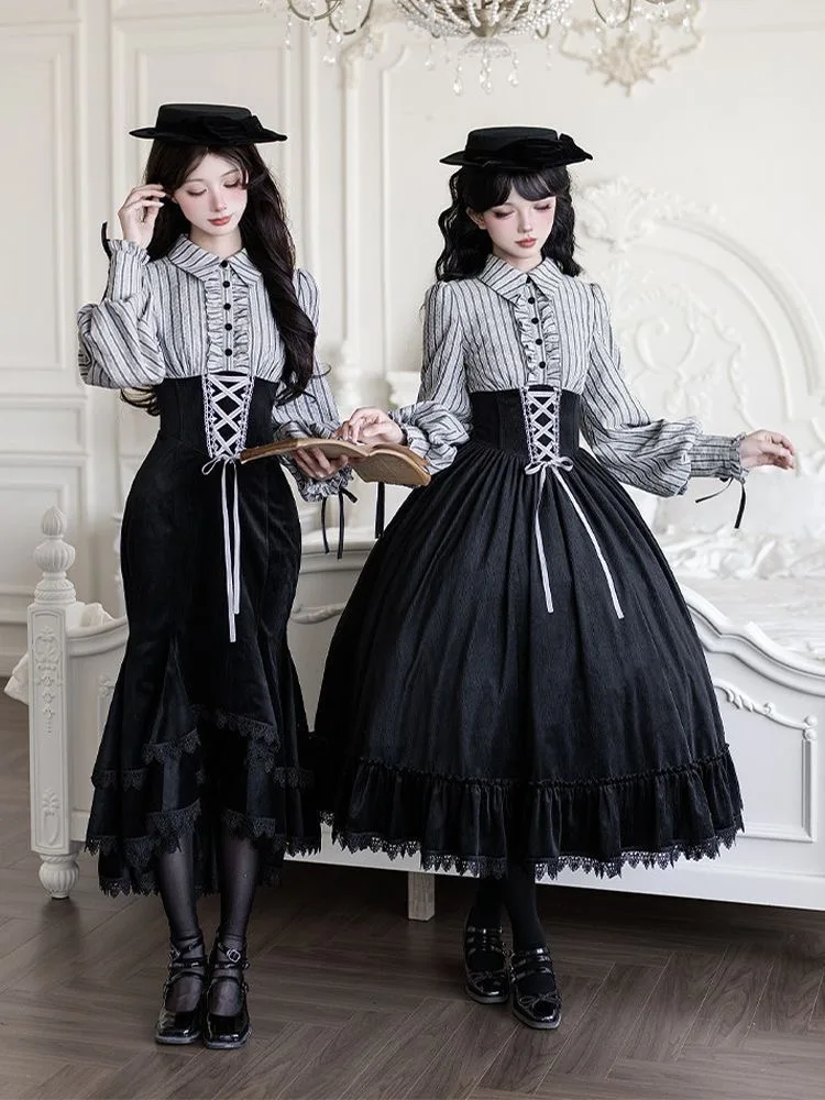 

Весна 2026: Платье в стиле Y2K Лолита, винтажный викторианский полосатый топ, кружевная юбка с вышивкой, элегантный студенческий стиль, для повседневной носки и вечеринок