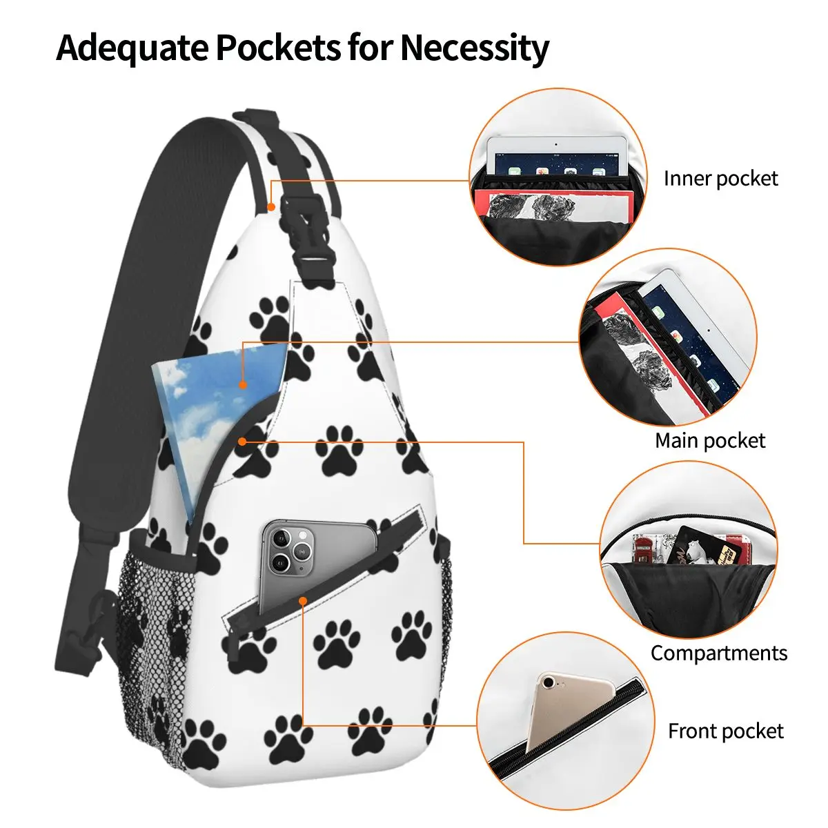 Dog Paw French Bulldog Crossbody Sling Bags Small Chest Bag Cartoon Shoulder Backpack Daypack for Travel Hiking Camping Satchel