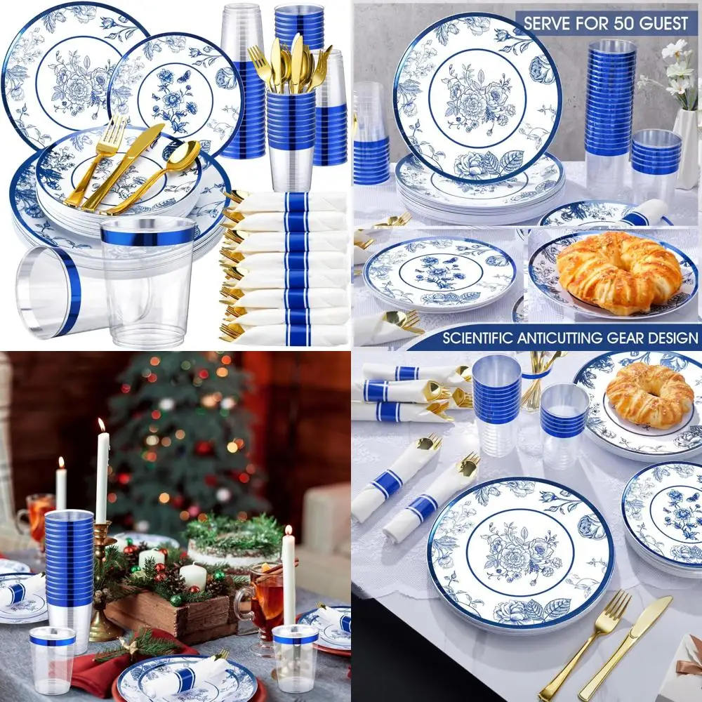 

Набор пластиковой посуды для обеденных тарелок 50–50, 50 десертных тарелок, салфетки 50 золотых и серебряных салфеток, предварительно скрученные для элегантной столовой