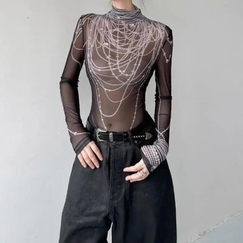 

Модная женская футболка с длинным рукавом, сетчатая, с 3D-принтом из жемчуга, облегающая, с полувысоким воротом, базовый слой, стильная и сексуальная