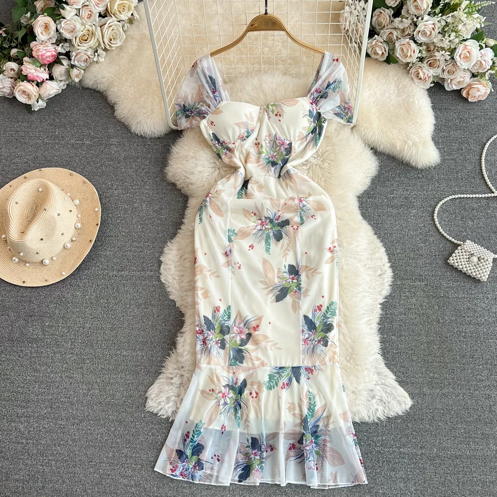 

Retro Summer Floral Printed Women's Dress 2023 New Fashion Padded Square Collar Sleeveless High Waist Midi Party Mermaid Dress