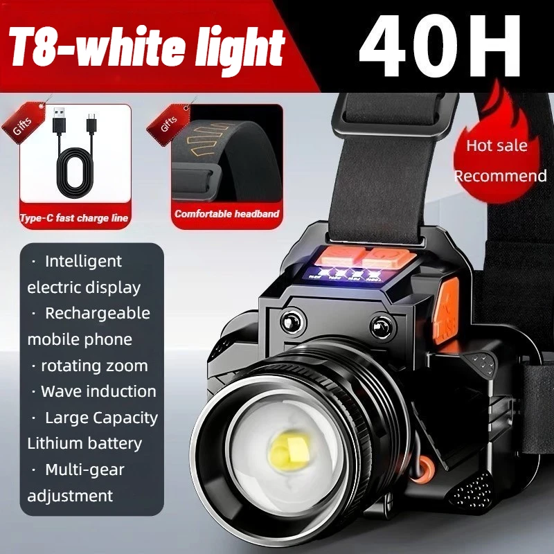 

Super Bright Led Headlamp Fishing Headlight Portable Flashlight Zoom Sensor Rechargeable Outdoor Waterproof Camping Hunting 20w